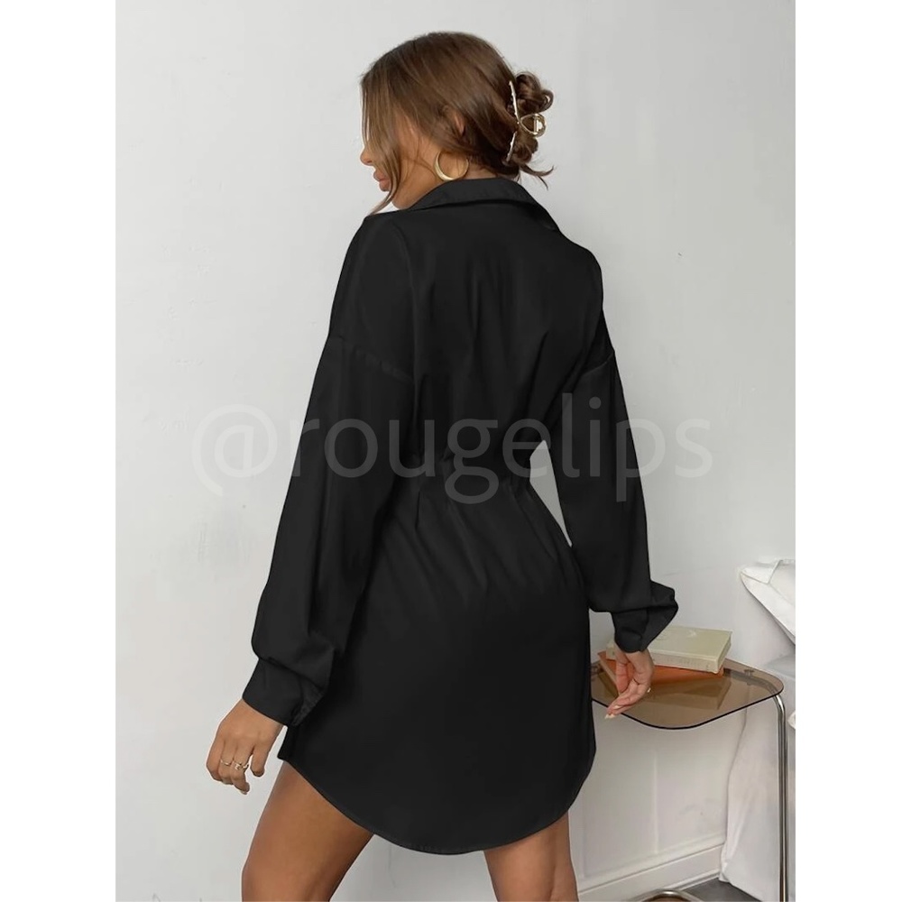 Black Fitted Waist Drop Shoulder Buttoned Down Shirt Dress Long Sleeve - Picture 5 of 7